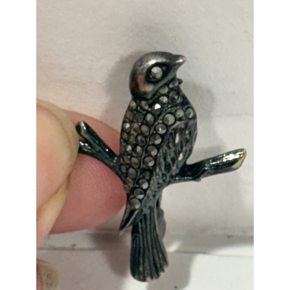 925 Sterling Silver Vintage Germany Marcasite Gem Bird Design Pin Brooch
